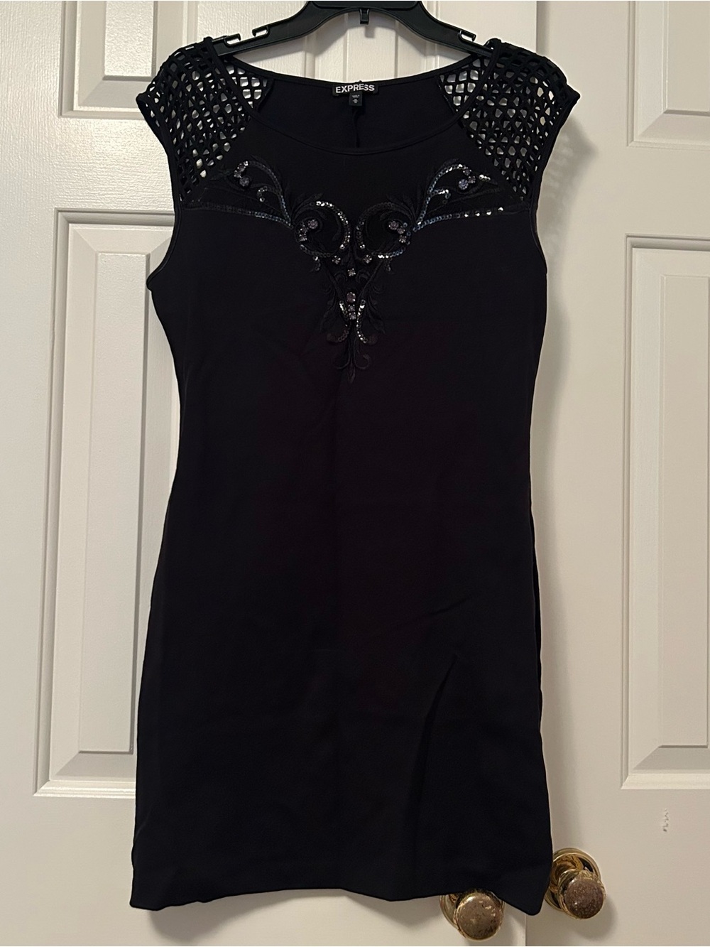 Express Black Sequin Beaded Sheath Dress Size Medium Scoop Neck Mesh Sleeves